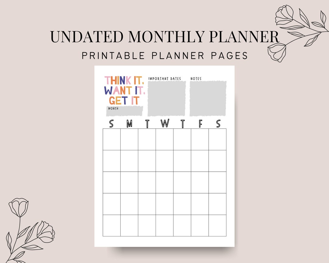 Undated Monthly Planner Insert Printable | Floral Inserts PDF | Letter ...