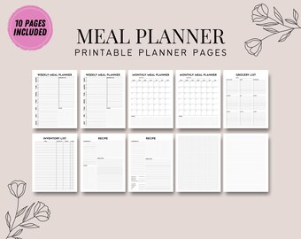 Op de afbeelding: Printbare maaltijdplannerpagina's met 10 pagina's inbegrepen. De pagina's bevatten wekelijkse maaltijdplanners, maandelijkse maaltijdplanners, boodschappenlijstjes, inventarislijsten en receptenpagina's.