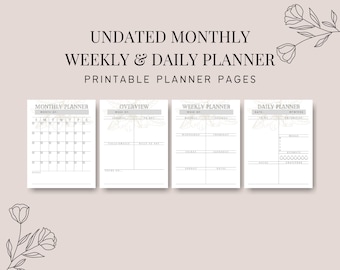 May include: Printable planner pages with a floral design. The pages include a monthly calendar, weekly planner, daily planner, and an overview page.