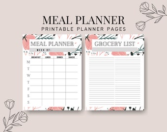 May include: Printable meal planner and grocery list pages with a floral design featuring pink flowers and green leaves. The meal planner has columns for breakfast, lunch, dinner, and snacks, and rows for each day of the week. The grocery list is a blank space for writing.