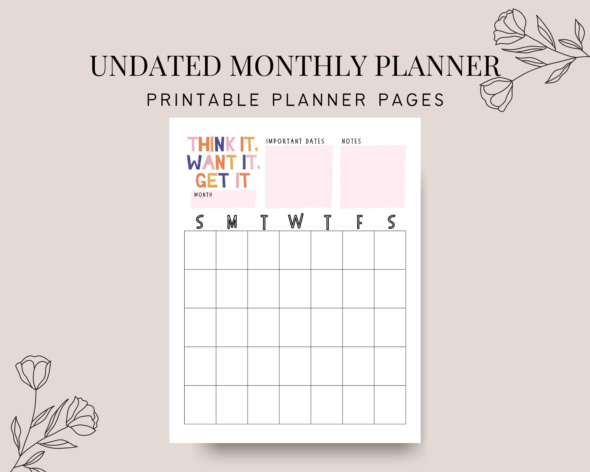 Undated Monthly Planner Insert Printable Floral Inserts PDF Letter A4