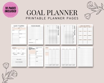 May include: A collection of printable planner pages with the title "GOAL PLANNER". The pages include sections for goal setting, vision boards, habit tracking, and monthly planning. The design is minimalist with a soft color palette and floral accents. The text "10 PAGES INCLUDED" is in a pink circle.