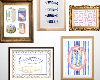 Sardine Art Print Set, Coastal Kitchen Wall Art Bundle, Vintage Fish Illustration