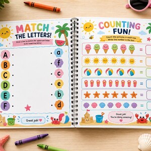 May include: An open spiral-bound activity book with summer-themed illustrations. The left page says "MATCH THE LETTERS!" with uppercase and lowercase letters. The right page says "COUNTING FUN!" with images of ice cream cones, suns, beach balls, flip-flops, stars, and shells.