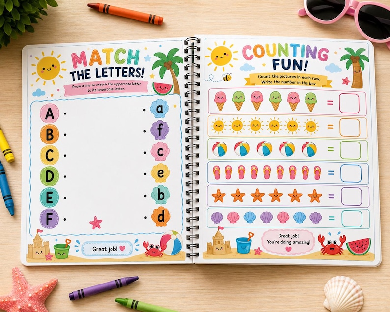May include: An open spiral-bound activity book with summer-themed illustrations. The left page says "MATCH THE LETTERS!" with uppercase and lowercase letters. The right page says "COUNTING FUN!" with images of ice cream cones, suns, beach balls, flip-flops, stars, and shells.
