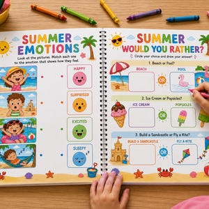 May include: An open activity book with the titles "SUMMER EMOTIONS" and "SUMMER WOULD YOU RATHER?" displayed. The pages contain colorful illustrations and prompts for children to complete. Various coloured crayons are scattered around the book, ready for use.