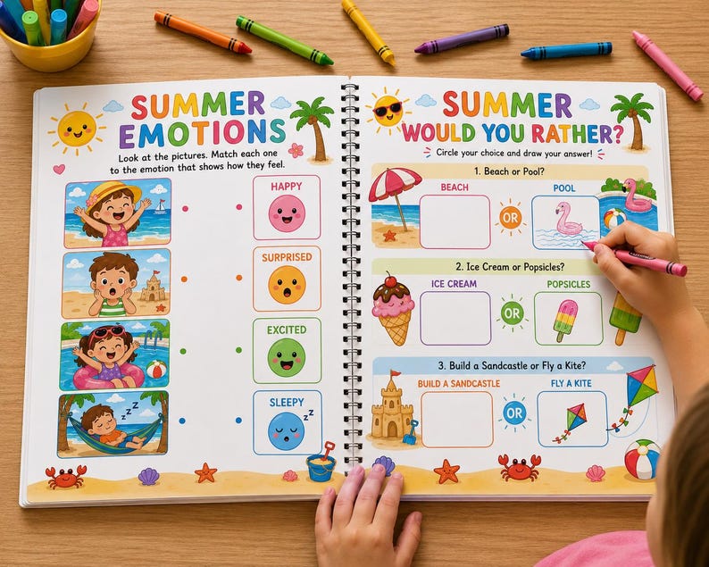 May include: An open activity book with the titles "SUMMER EMOTIONS" and "SUMMER WOULD YOU RATHER?" displayed. The pages contain colorful illustrations and prompts for children to complete. Various coloured crayons are scattered around the book, ready for use.