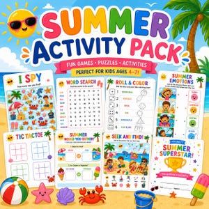 May include: A vibrant "Summer Activity Pack" for children aged 4-7, containing fun games, puzzles, and activities. Includes an I Spy game, word search, roll & colour, tic-tac-toe, and more. The pack has a beach theme with illustrations of a beach ball, crab, and ice cream.