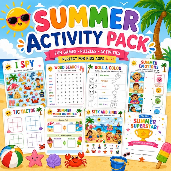 Summer Activity Pack for Kids, Printable Summer Workbook, Preschool Busy Book, Homeschool Summer Learning Binder, Travel Activities