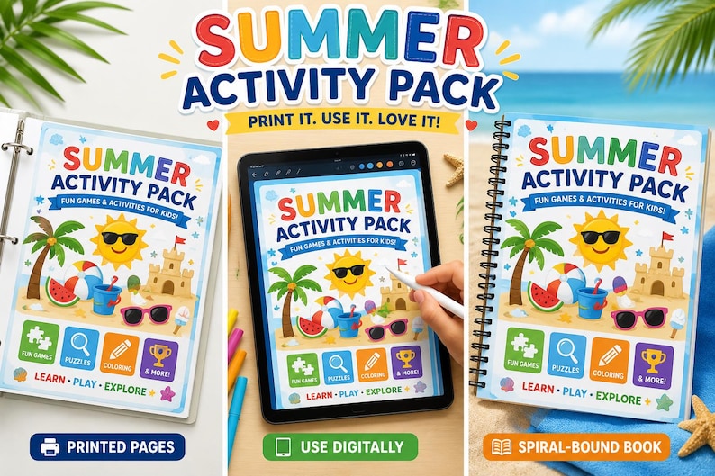 May include: The image displays a "Summer Activity Pack" for children, offered as printed pages, for digital use, and as a spiral-bound book. The cover art depicts a sunny beach scene with a sun wearing sunglasses, palm trees, and beach toys.