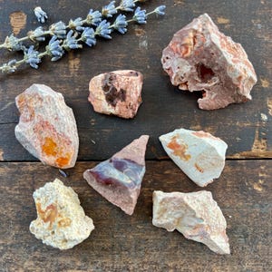 May include: A collection of seven rough opal stones in various shades of orange, red, and white. The stones are arranged on a wooden surface.