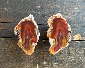 Puede incluir: Dos rebanadas de ágata con un patrón de bandas marrones, naranjas y amarillas. Las rebanadas de ágata están sobre una superficie de madera.