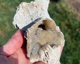 May include: A geode with a white exterior and a cavity filled with clear quartz crystals.