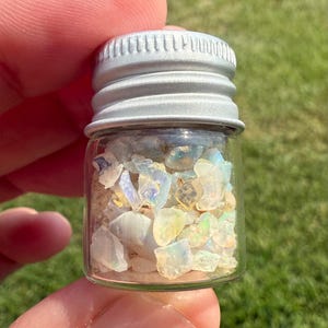 Pu&ograve; includere: Un piccolo barattolo di vetro pieno di frammenti di opale iridescenti. Il barattolo ha un coperchio a vite in metallo argentato. Gli opali presentano sfumature bianche, gialle e blu. Il barattolo &egrave; tenuto in mano, su uno sfondo di erba verde.