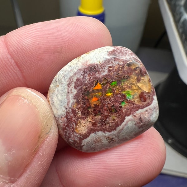 Mexican Fire Opal Collector Piece | Front Polished Rough Mexican Rainbow Opal in Host Rock | Rough Cantera | 24mm | 27.5 Carats | 50601