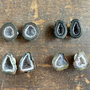 May include: Four pairs of geode slices arranged in a grid. The top left pair features light gray centers with dark borders. The top right pair has deep black centers. The bottom left pair shows dark gray interiors, and the bottom right pair has light gray centers.