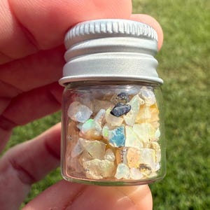 Pu&ograve; includere: Un piccolo flacone di vetro pieno di varie pietre preziose di opale grezze e colorate. Gli opali mostrano una gamma di colori, tra cui bianco, giallo, blu e nero. Il flacone ha un coperchio a vite in metallo argentato. Lo sfondo &egrave; erba verde sfocata.