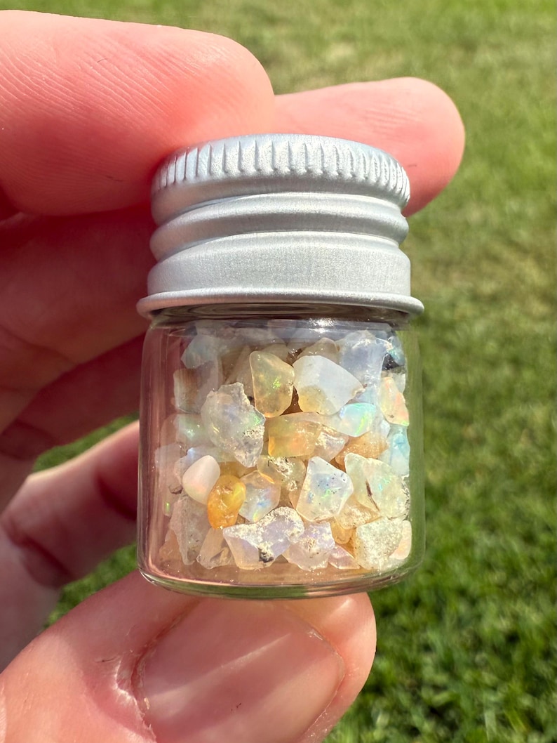 Pu&ograve; includere: Un piccolo barattolo di vetro pieno di pietre preziose di opale grezze. Il barattolo ha un coperchio a vite in metallo argentato. Gli opali sono un mix di colori bianchi, gialli e iridescenti. Il barattolo &egrave; tenuto in mano a una persona su uno sfondo verde sfocato.