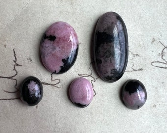 High Quality Pink Rhodonite with Tourmaline Cabochons | Oval Rhodonite Cab Mixed Lot | Pink and Black | Silversmith Supply | RH12
