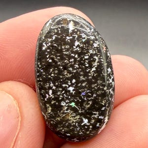 May include: An oval-shaped, polished gemstone with a black base and a speckled pattern of white and iridescent flecks. The stone is held between two fingers, showcasing its smooth, reflective surface and natural variations.