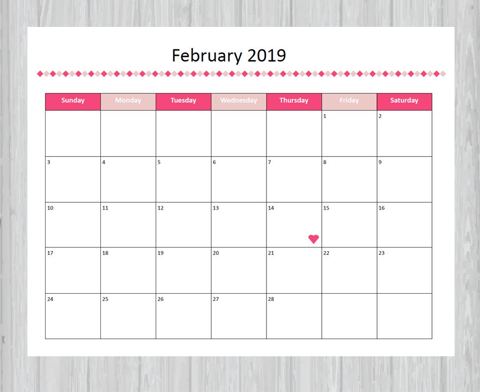 Printable February 2019 Calendar Seasonal Monthly Calendar