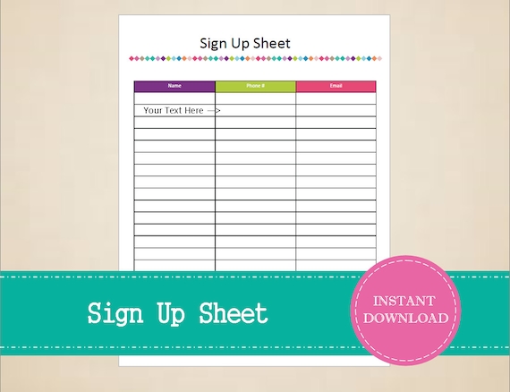 sign up sheet printable and editable instant pdf download etsy editable sign in sheet