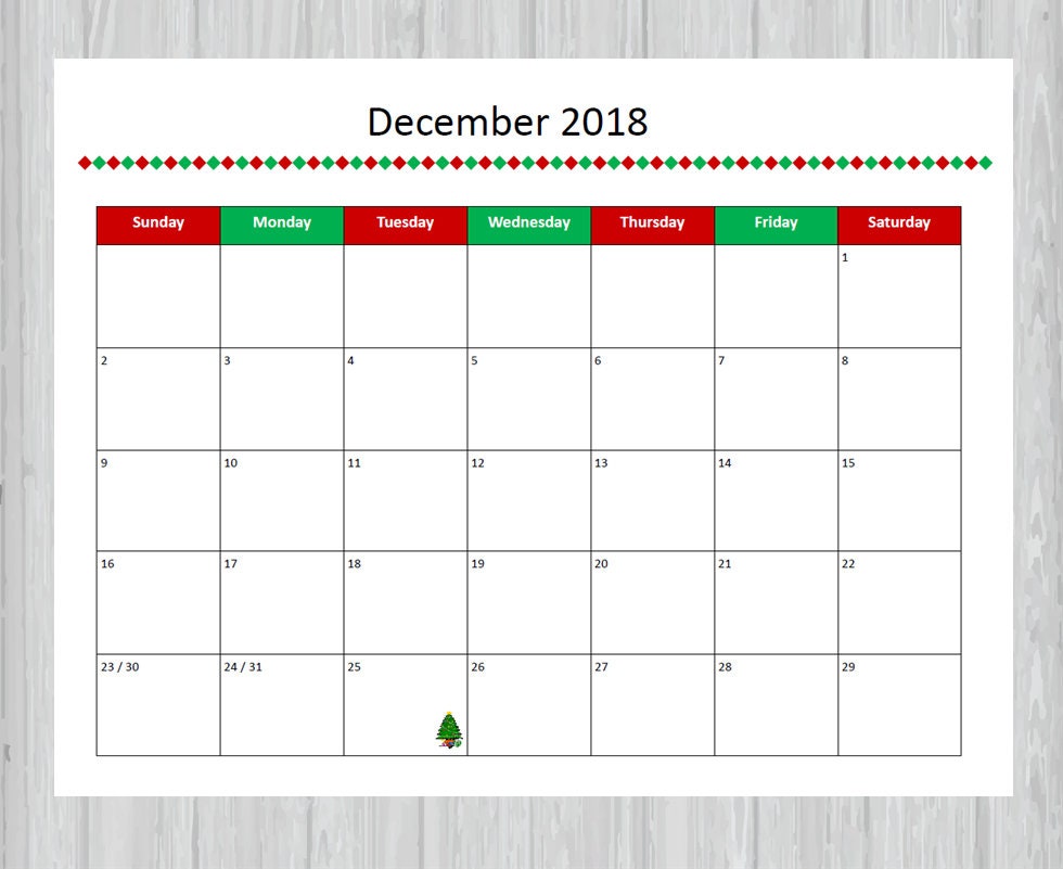 Printable December 2018 Calendar Seasonal monthly calendar | Etsy
