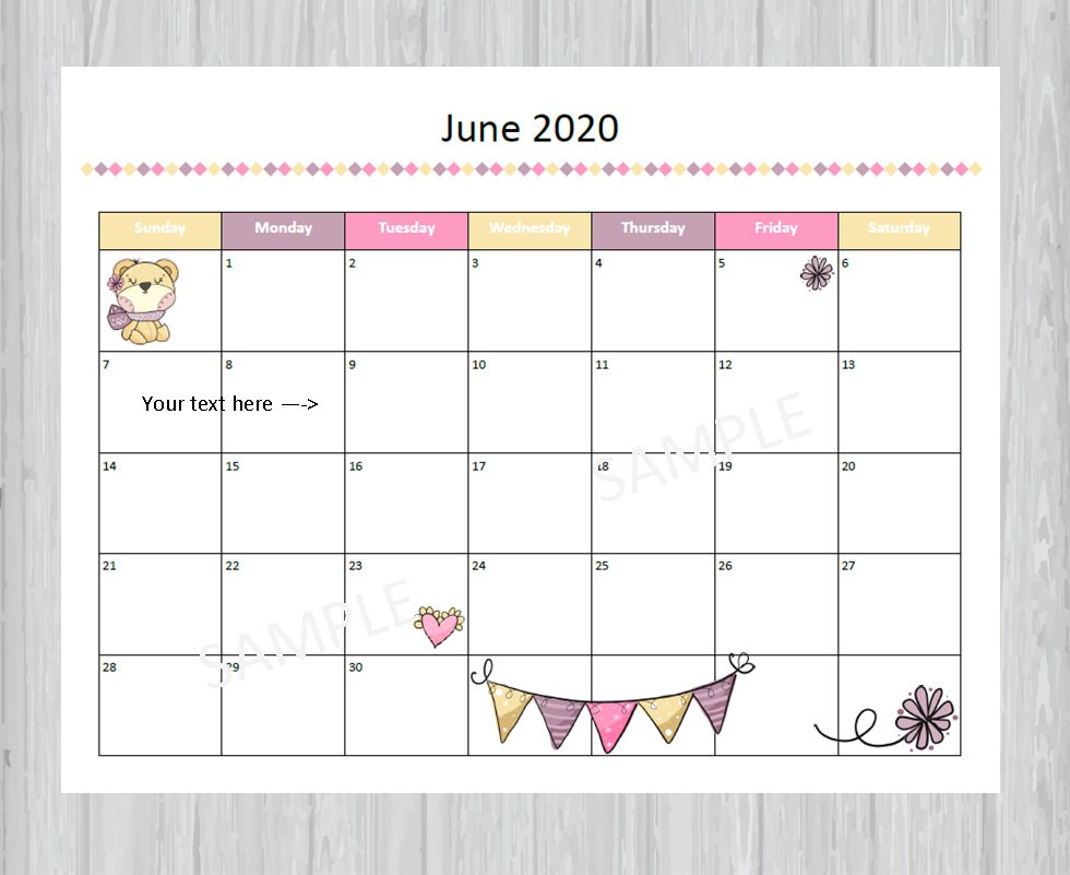 printable june 2020 calendar seasonal monthly calendar june etsy