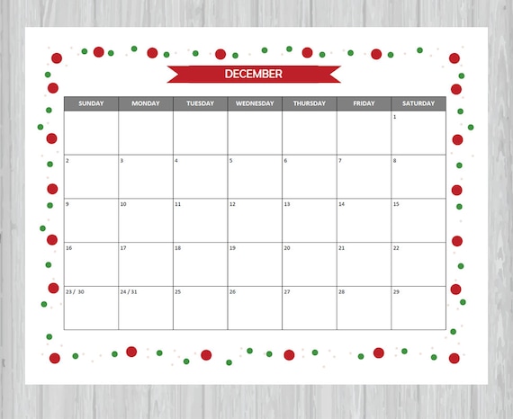 Printable And Editable December 2018 Calendar Seasonal Etsy