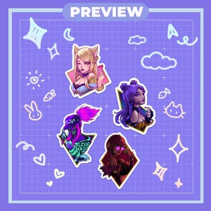 May include: A set of four die-cut stickers featuring stylized anime-inspired characters on a purple grid background. The characters include a blonde with cat ears, a purple-haired figure in a KDA cap, a purple-haired person, and a dark-haired figure.