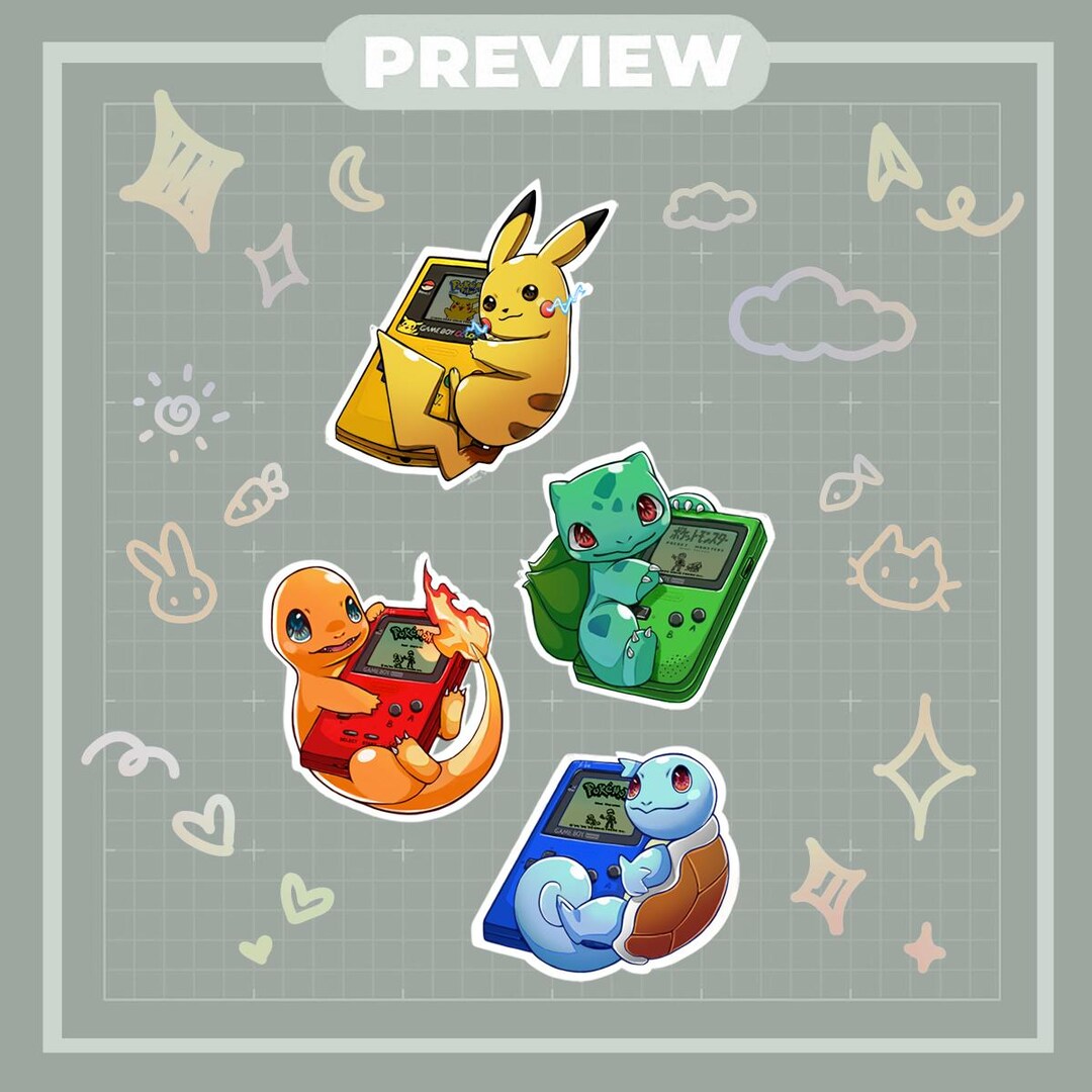 Pikachu Gameboy Color Rear Sticker Pokemon Starter Gameboy Stickers - Pikachu | Squirtle | Bulbasaur ...