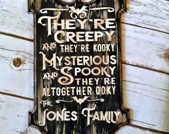 Halloween Decor, Fall Decorations, Personalized Halloween, Addams Family Sign Personalized, Gothic Decor, Black home Decor, Bat Decor