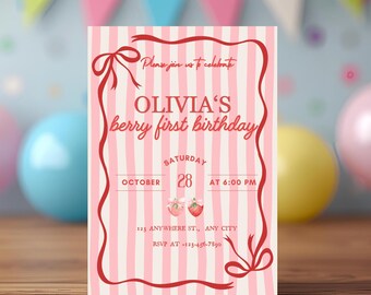 Berry First Birthday Invitation Template  (5x7, Digital Download)