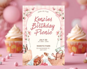 Picnic Pink Birthday Invitation Template  (5x7, Digital Download)