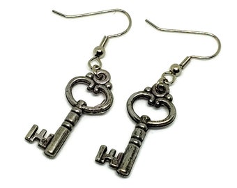 Antique Style Key Earrings, Pewter Tone, Steampunk Victorian Key Jewelry, Dangle Charm Earrings, Tiny Keys, Fish Hook Backing, Lightweight