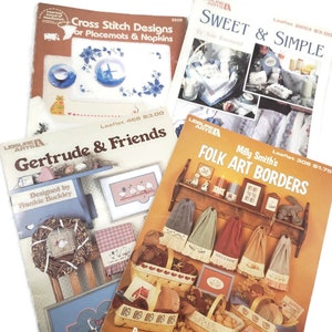 4 Vtg Cross Stitch Pattern Booklets Lot, Folk Art Cross Stitch, Cross Stitch Borders and Placemats Book, Cottage Cross Stitch Charts, Floral