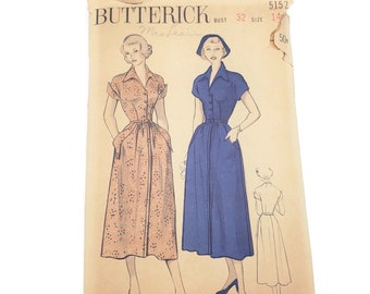 Vintage Butterick 5152 Pattern Classic Shirtwaist Dress, Ladies Vintage Dress w Pockets, Bust 32 Size 14, Belted Waist Dress w Winged Collar