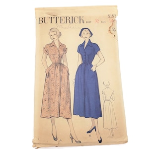 Vintage Butterick 5152 Pattern Classic Shirtwaist Dress, Ladies Vintage Dress w Pockets, Bust 32 Size 14, Belted Waist Dress w Winged Collar