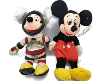 2 Vintage 90s Mickey Mouse Bean Bag Plush Toys, Disneyland Mouseketoys Plush, Astronaut Mickey Mouse Tomorrowland, 7in Beanie Disney Toys
