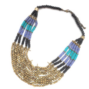 Colar de babador com contas multicamadas, colar de babador com contas do estilo western, contas em tom dourado azul-escuro, colar vintage com estilo do sudoeste