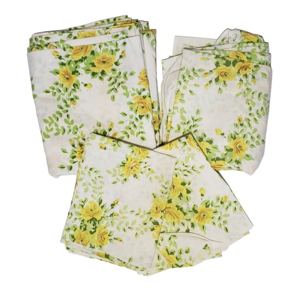 Vintage 1977 Yellow Roses Floral Bed Sheets Set, Twin Bed Size, Vintage Flat & Fitted Sheet with Pillowcases, Vintage Sheets for Fabric