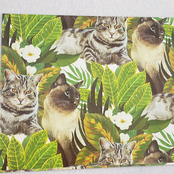 House Cats Jungle Gift Wrap, Vintage Flat Wrapping Paper 24x30 Size, Cat & House Plants, Siamese Tabby Kitty Cats, Cat Parent Wrapping Paper