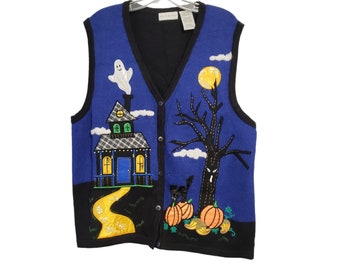 Vintage Halloween Sweater Vest Women's XL, Haunted House Ghost Pumpkin Design w/ Beads Sequins Embroidery, Spooky Vintage Ugly Sweater