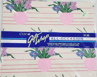 2pc Vintage 1980s Floral Gift Wrap, Stripes and Graphic Florals Wrapping Paper, Mod Iris Flowers Print Paper, Flat Wrapping Paper 20x30
