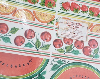 Fruit Basket Vtg Gift Wrap Set, Current Brand 1983 Wrapping Paper w/ Cards, Cherries Orange Watermelon Strawberries, Sheet Gift Wrap NOS