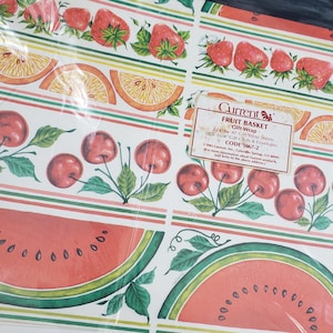 Fruit Basket Vtg Gift Wrap Set, Current Brand 1983 Wrapping Paper w/ Cards, Cherries Orange Watermelon Strawberries, Sheet Gift Wrap NOS