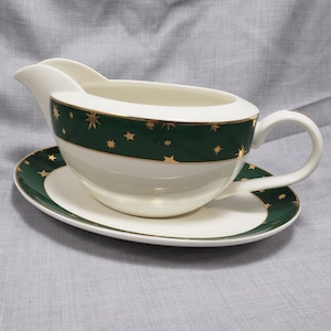 Galaxy Holiday Dinnerware Gravy Boat w/ Saucer, Celestial Stars Tableware, Green Gold Stars Design, 14k gold accents, Christmas Serving Dish