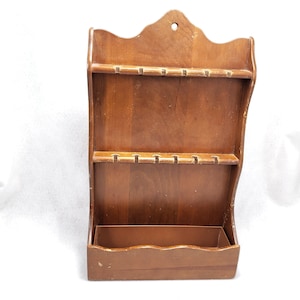 Vtg Wooden Collectible Spoon Rack, 12 Slots w/ Bottom Tray, Kitschy Wall Shelf, Miniature or Souvenir Trinket Holder, Farmhouse Cottagecore