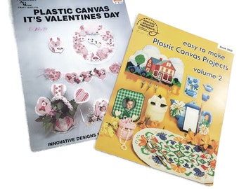 2 Vtg Plastic Canvas Pattern Booklets, Farmhouse Cottage Patterns, Valentines Hearts Plastic Canvas, Easy Beginner Plastic Canvas Patterns