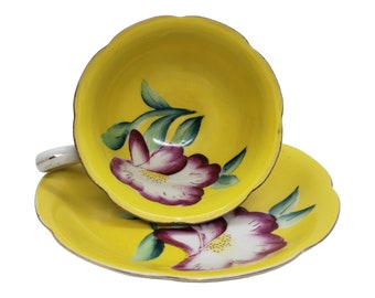 Yellow Shafford Teacup and Saucer Set, Yellow Tea Cup w/ Pink Purple Orchid Flower, Vintage China Teacup, Handpainted China, Shafford China